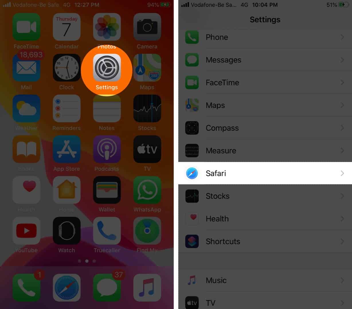 Open Settings and Tap on Safari in iOS 13 on iPhone