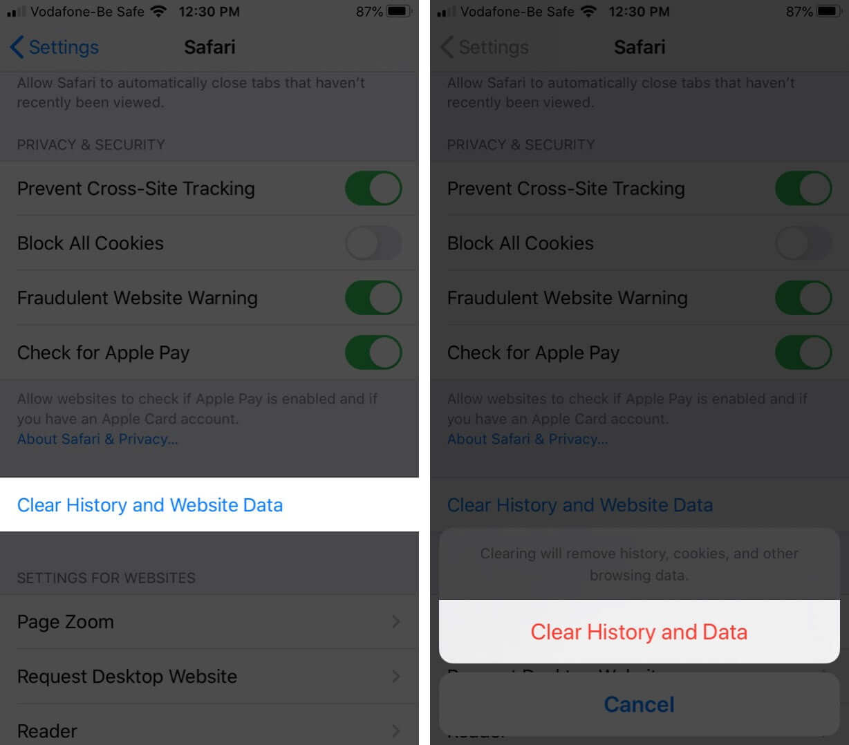Tap on Clear History and Website Data to Delete History and Cookies in Safari on iPhone