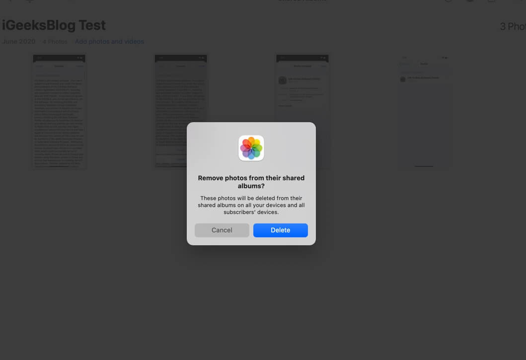 click on delete to remove photos from shared album on mac