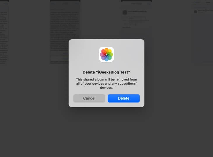 click on delete to remove shared album on mac