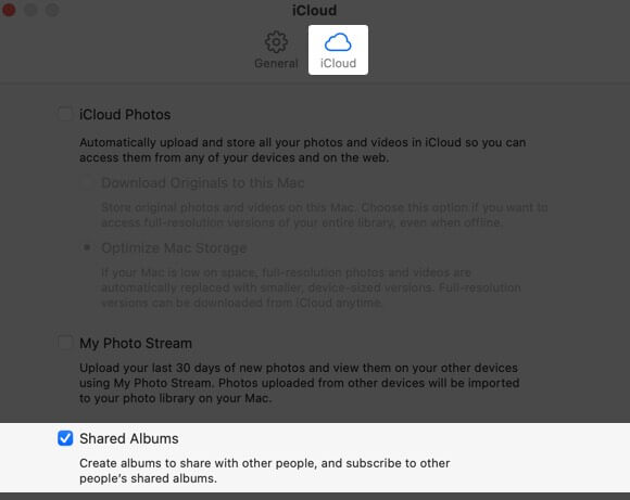 click on icloud tab and turn on shared albums on mac