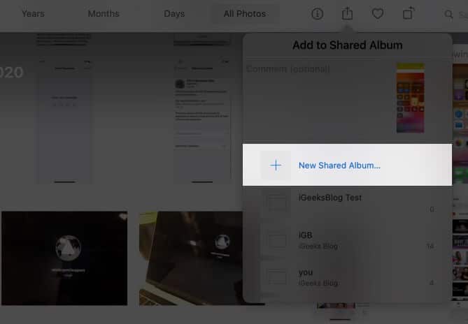 click on new shared album in photos app on mac