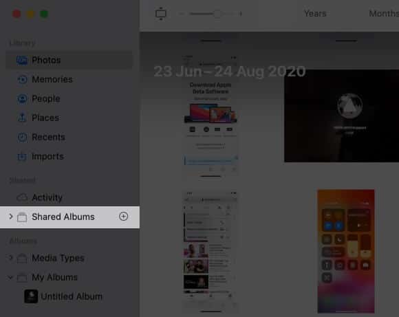 click on plus next to shared albums in photos app on mac