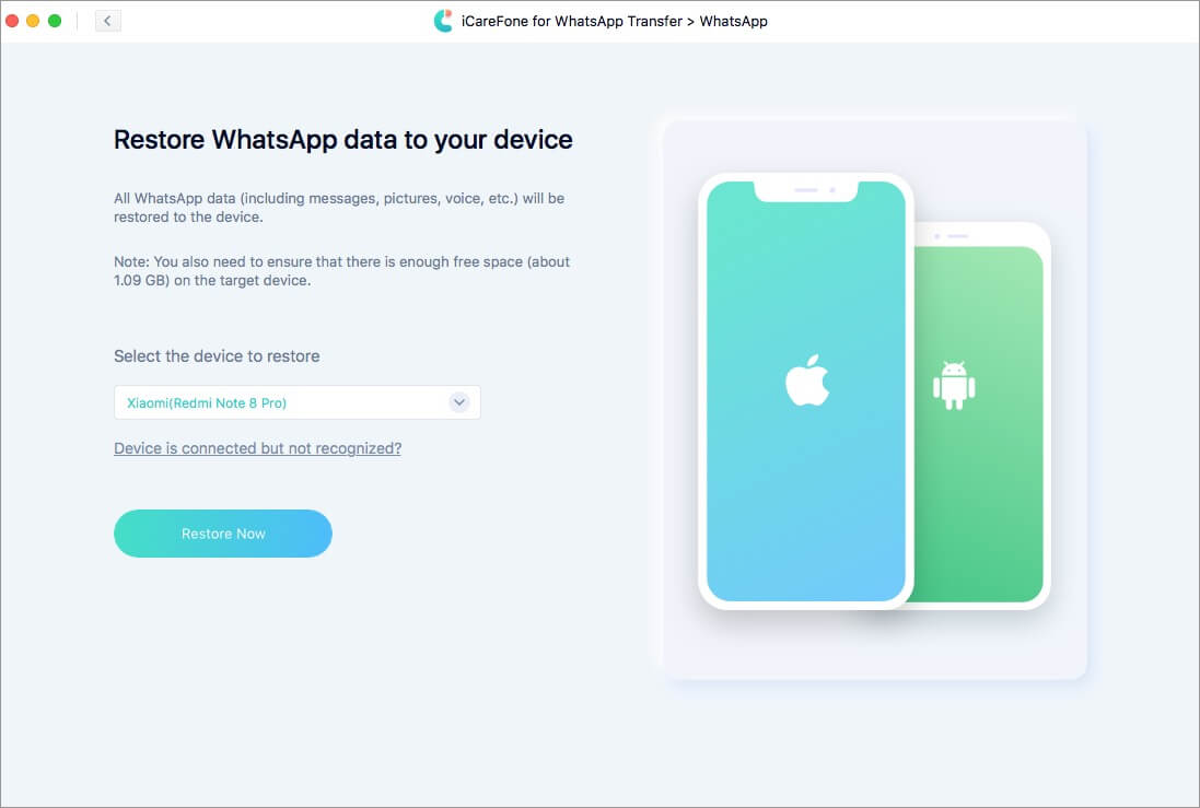 click on restore now to restore whatsapp data to your device