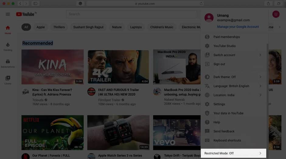 click on restricted mode in youtube on mac