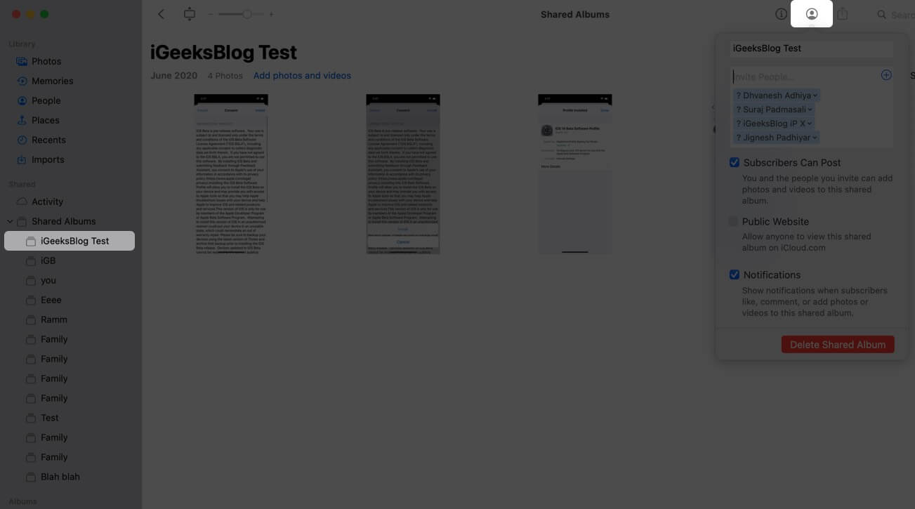 click on shared album and click on people icon on mac