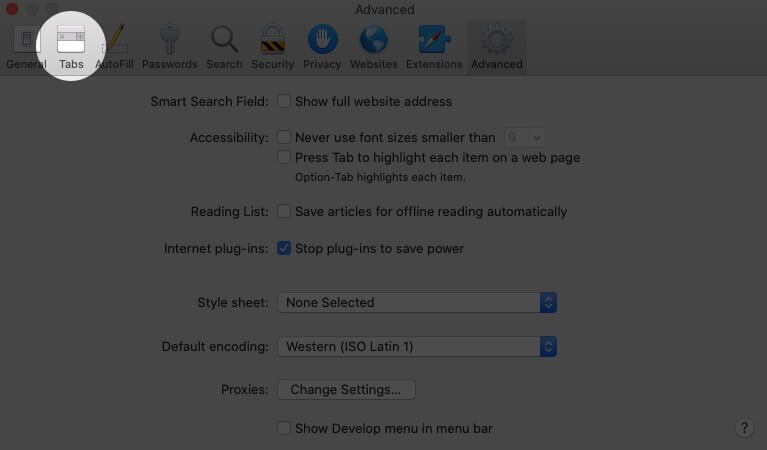click on tabs in safari preferences on mac
