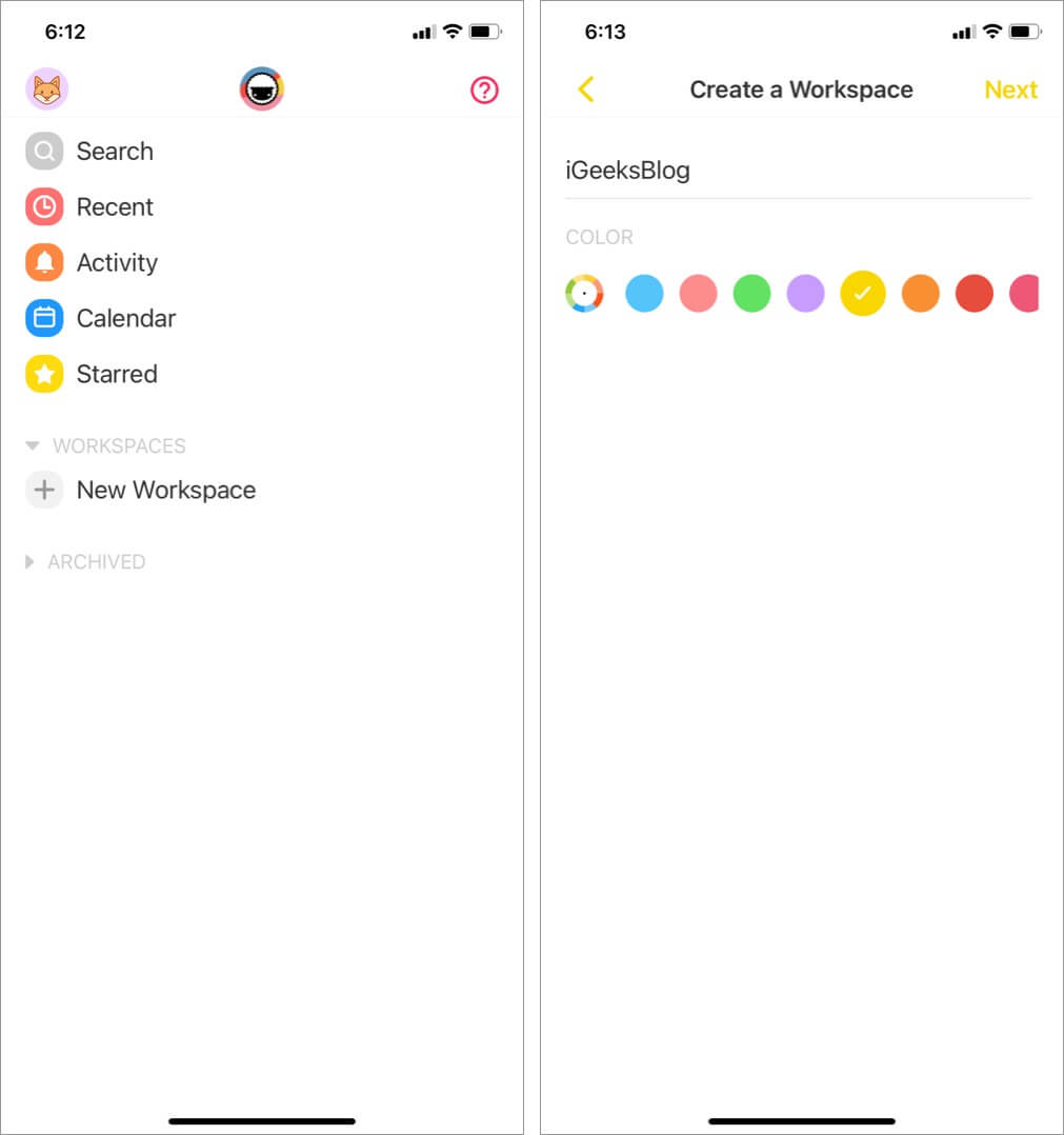 create new workspace in taskade app on iphone