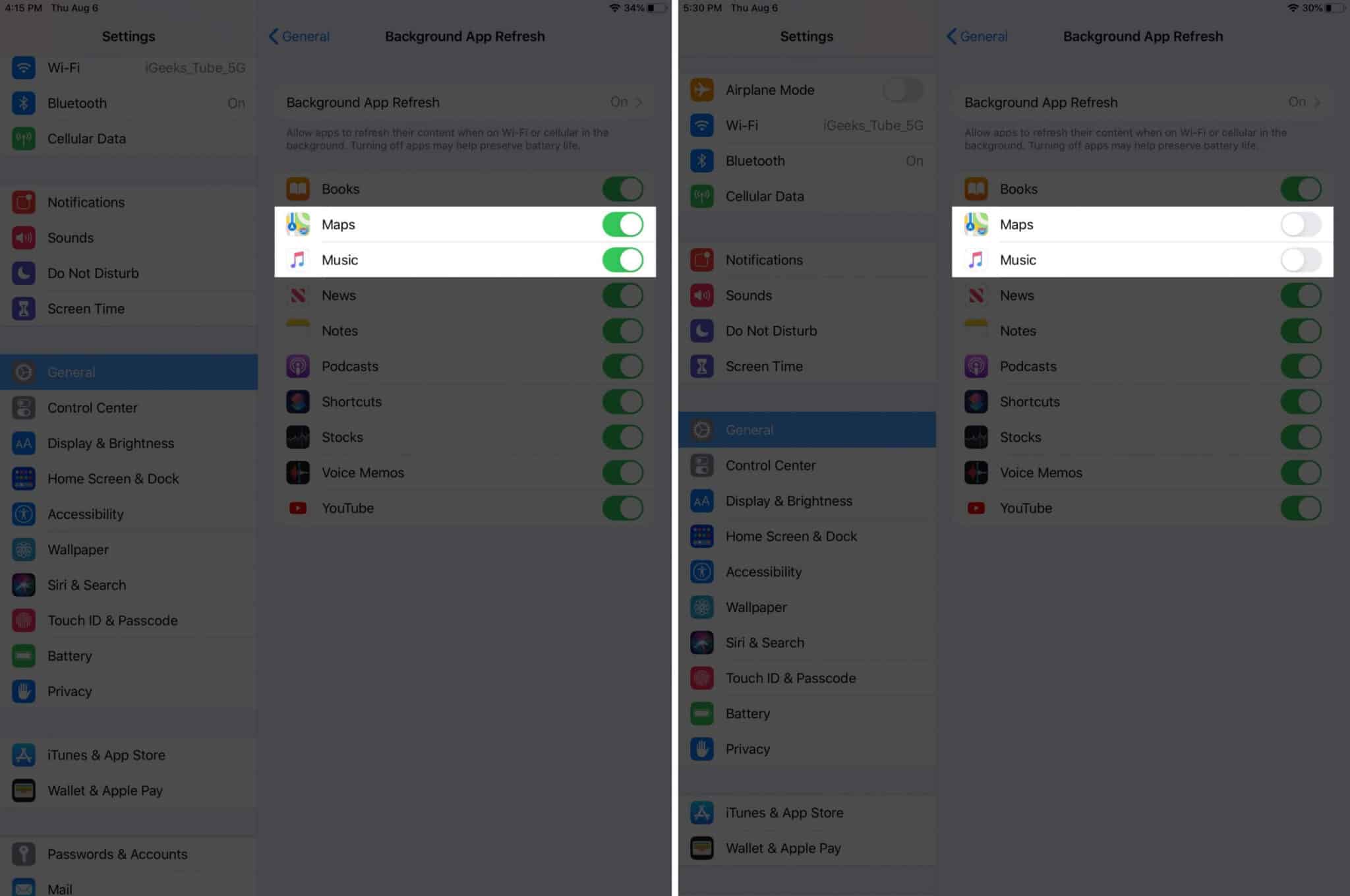 disable background app refresh for particular apps on ipad