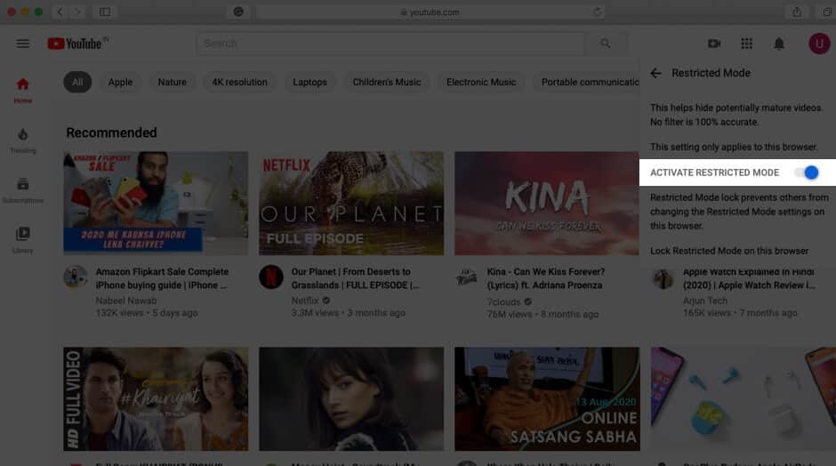 enable restricted mode in youtube on mac