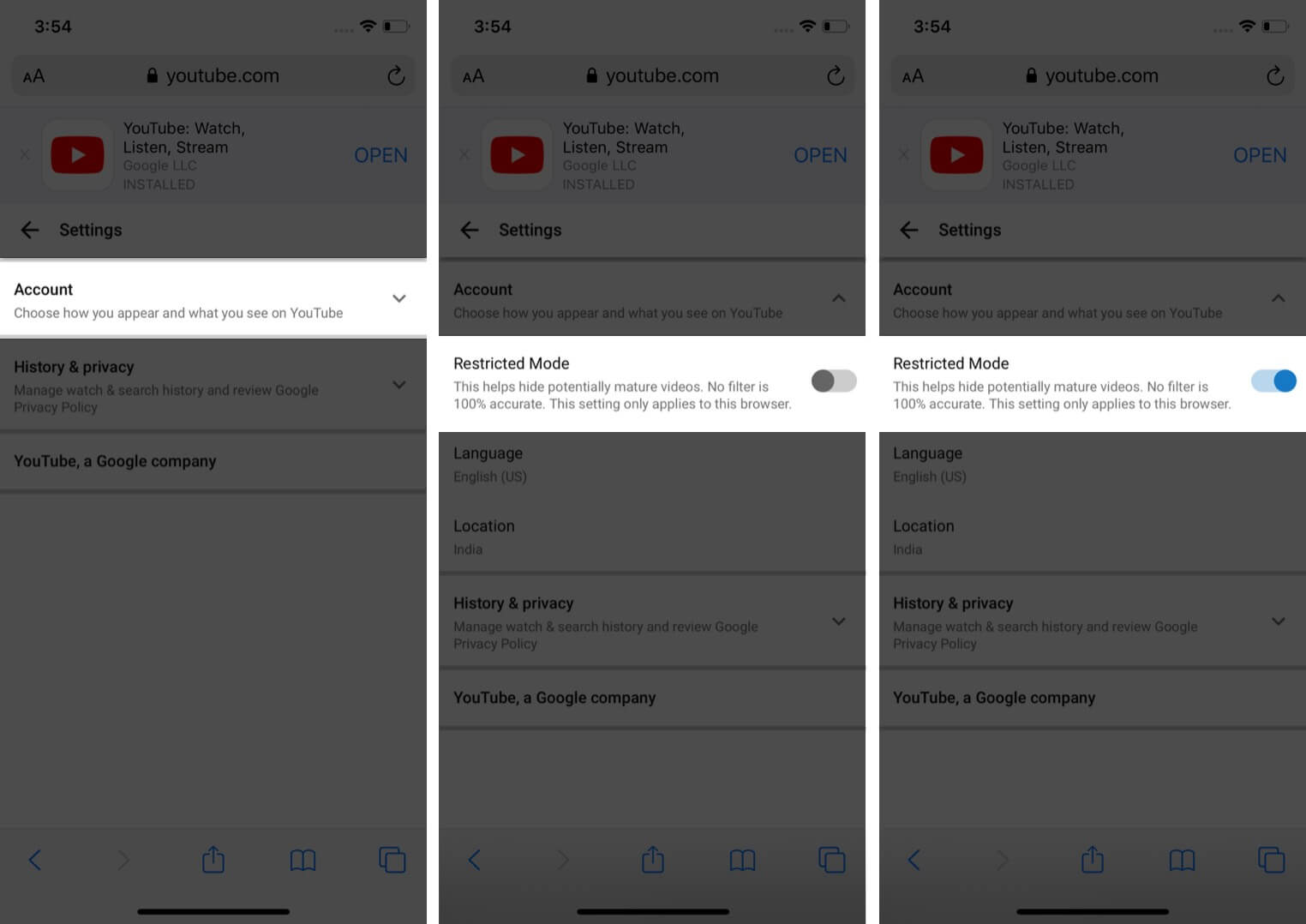enable youtube restricted mode in mobile website on iphone
