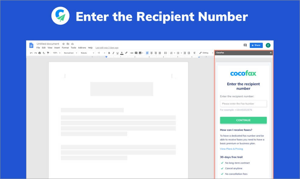 enter recipient number in cocofax fax services