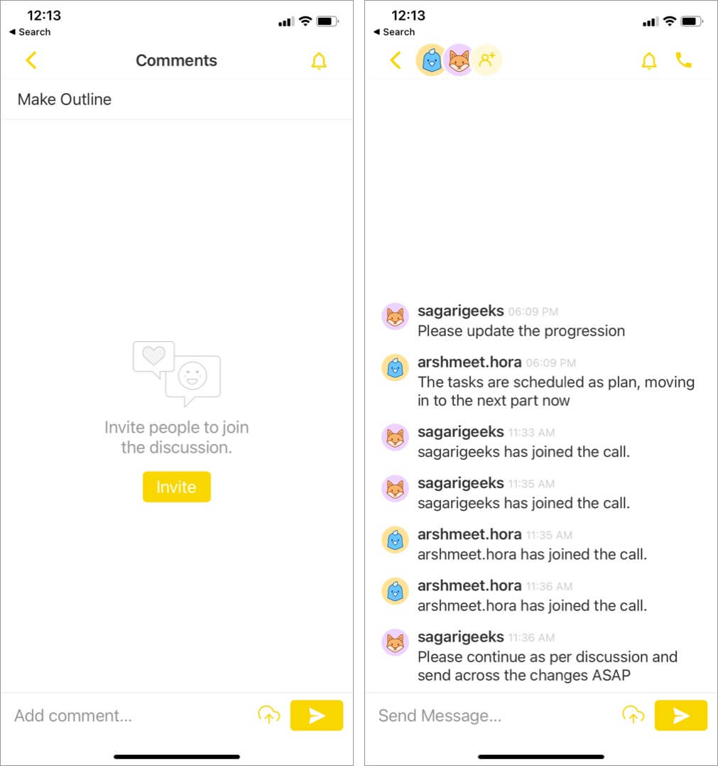 Invite people and send messages in taskade workspace app