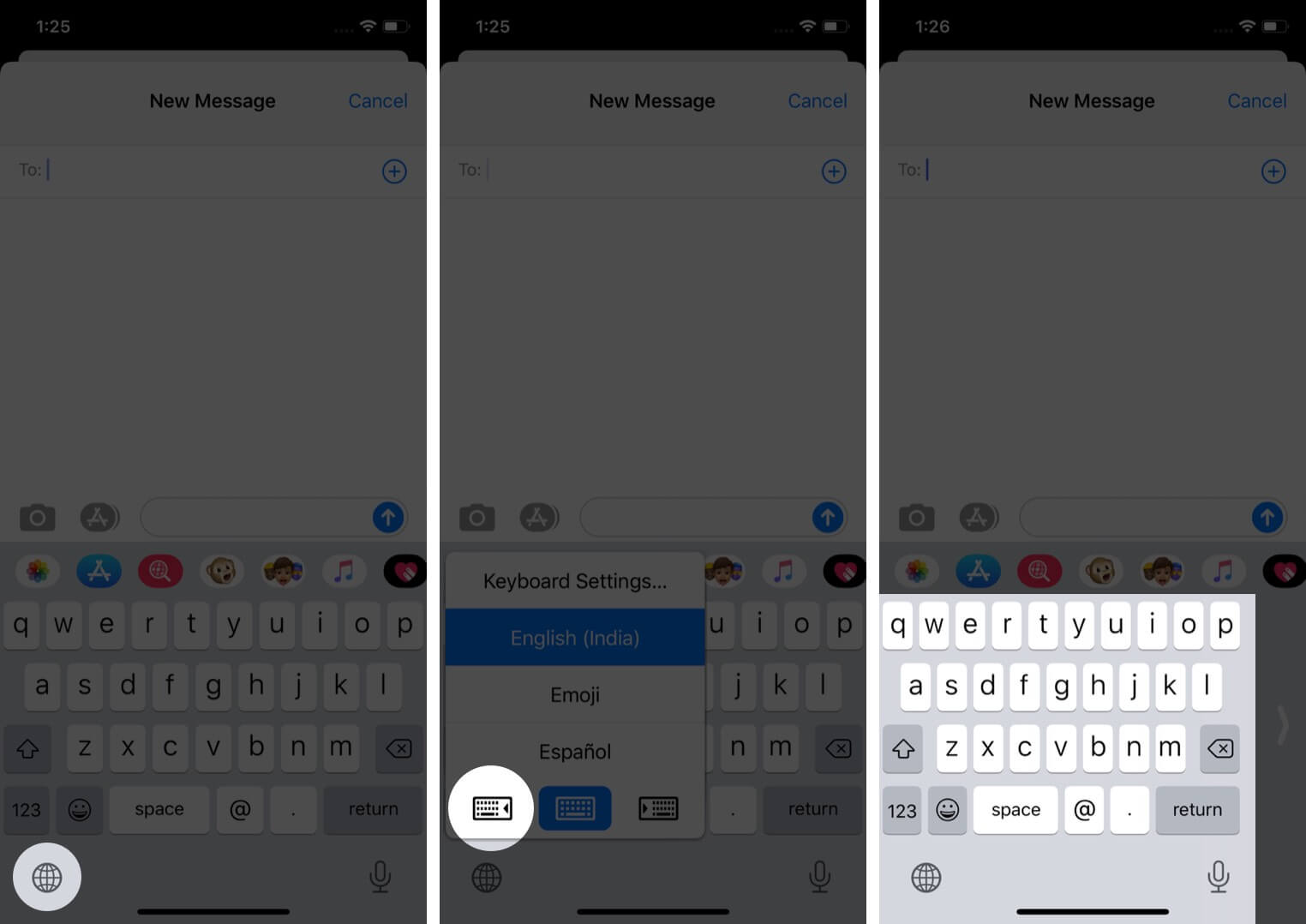 long press on globe icon and tap on keyboard on iphone