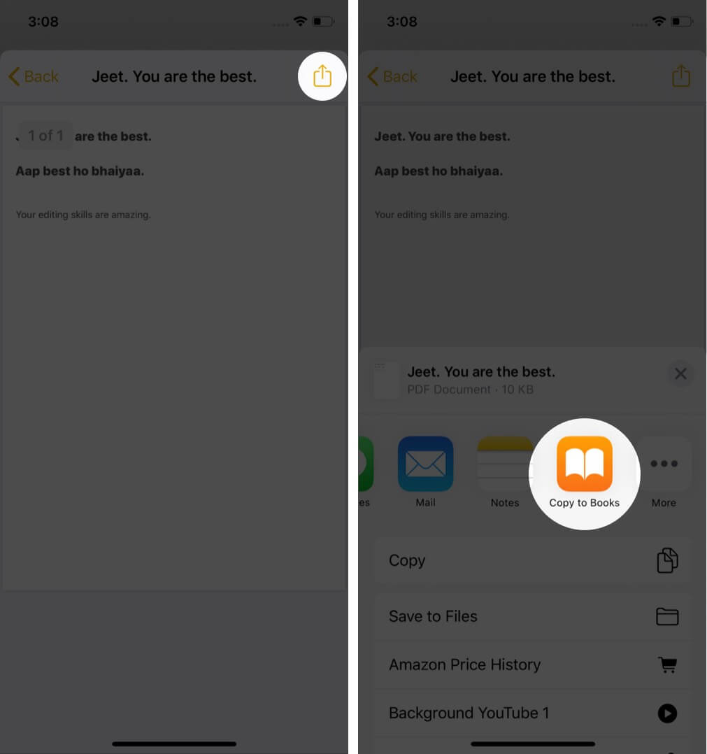 make pdf from note to books app on iphone