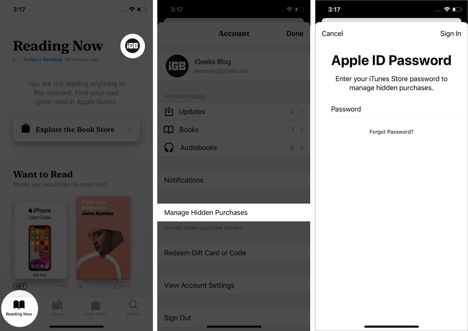 open books app tap on profile in reading now tab and tap on manage hidden purchases