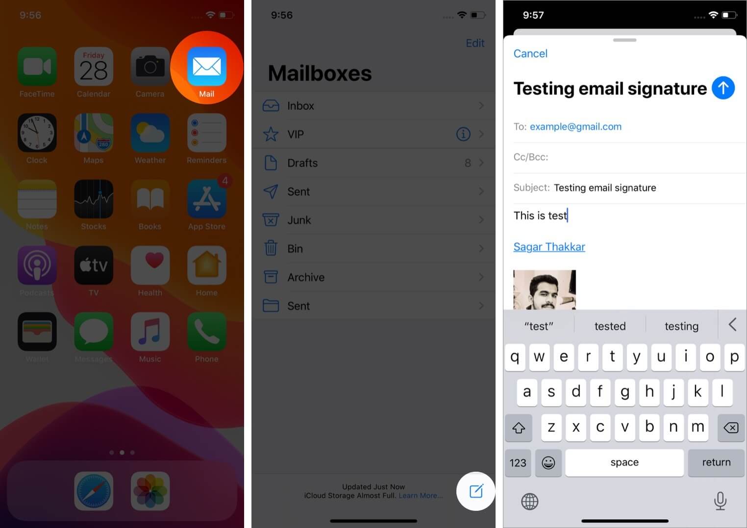 open mail app and tap on compose to check email signature on iphone