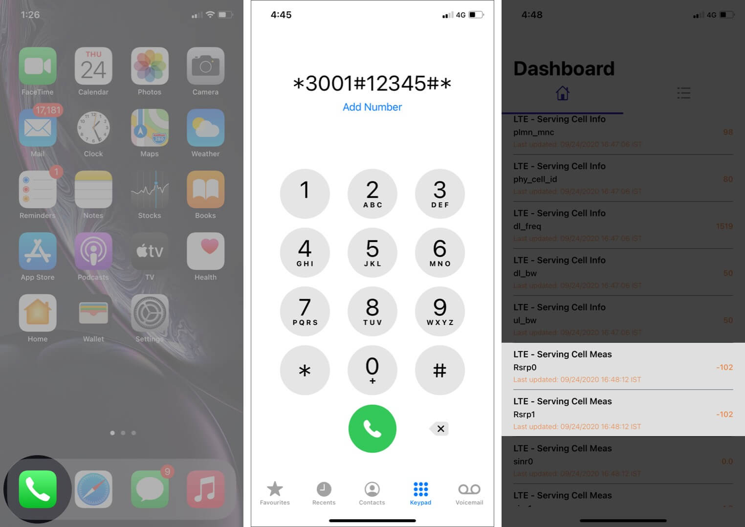 open phone app and dial number to test cell signal strength on iphone