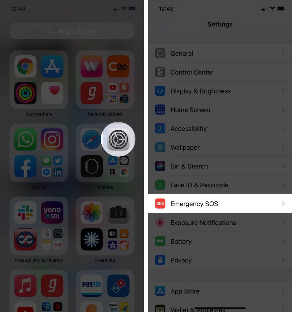 open settings and tap on emergency sos on iphone with face id