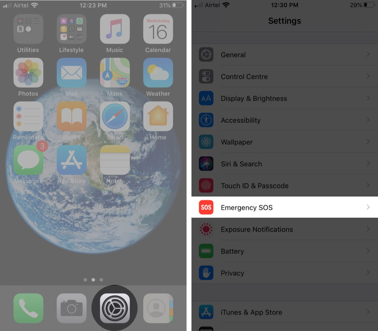open settings and tap on emergency sos on iphone