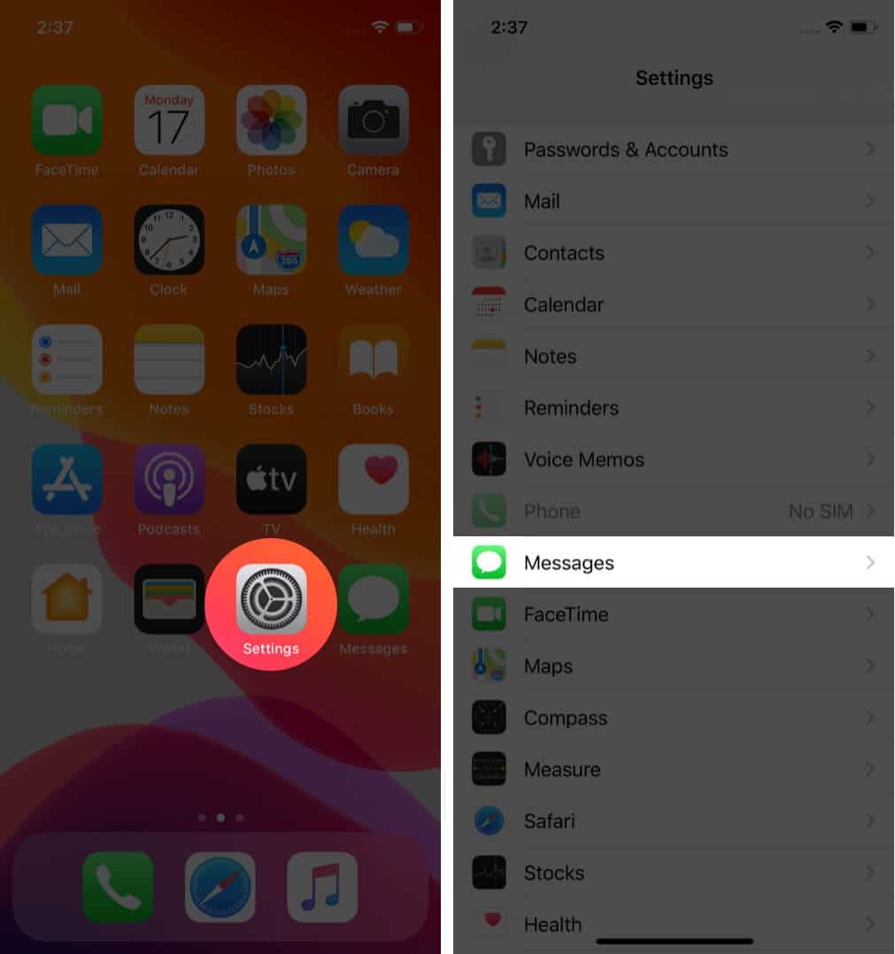 open settings and tap on messages on iphone