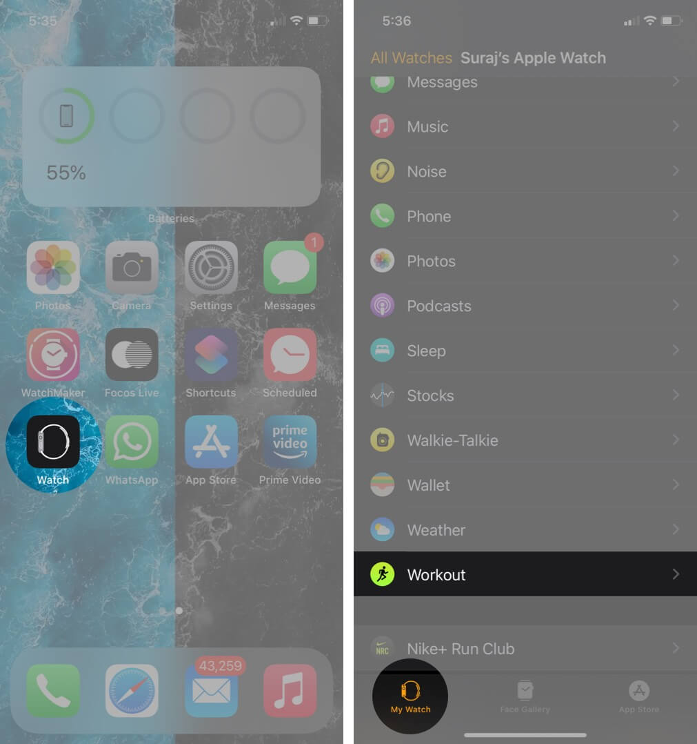 open watch app and tap on workout app in my watch tab on iphone