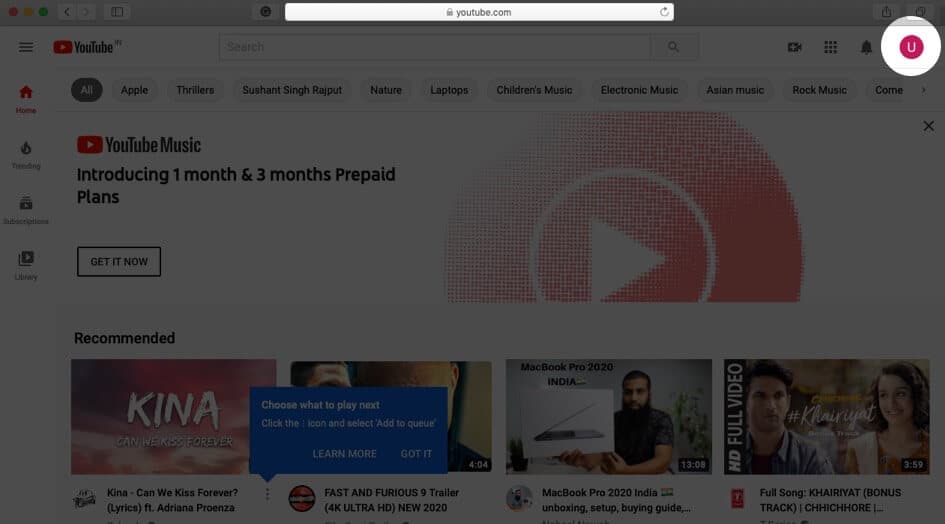 open youtube and click on profile on mac