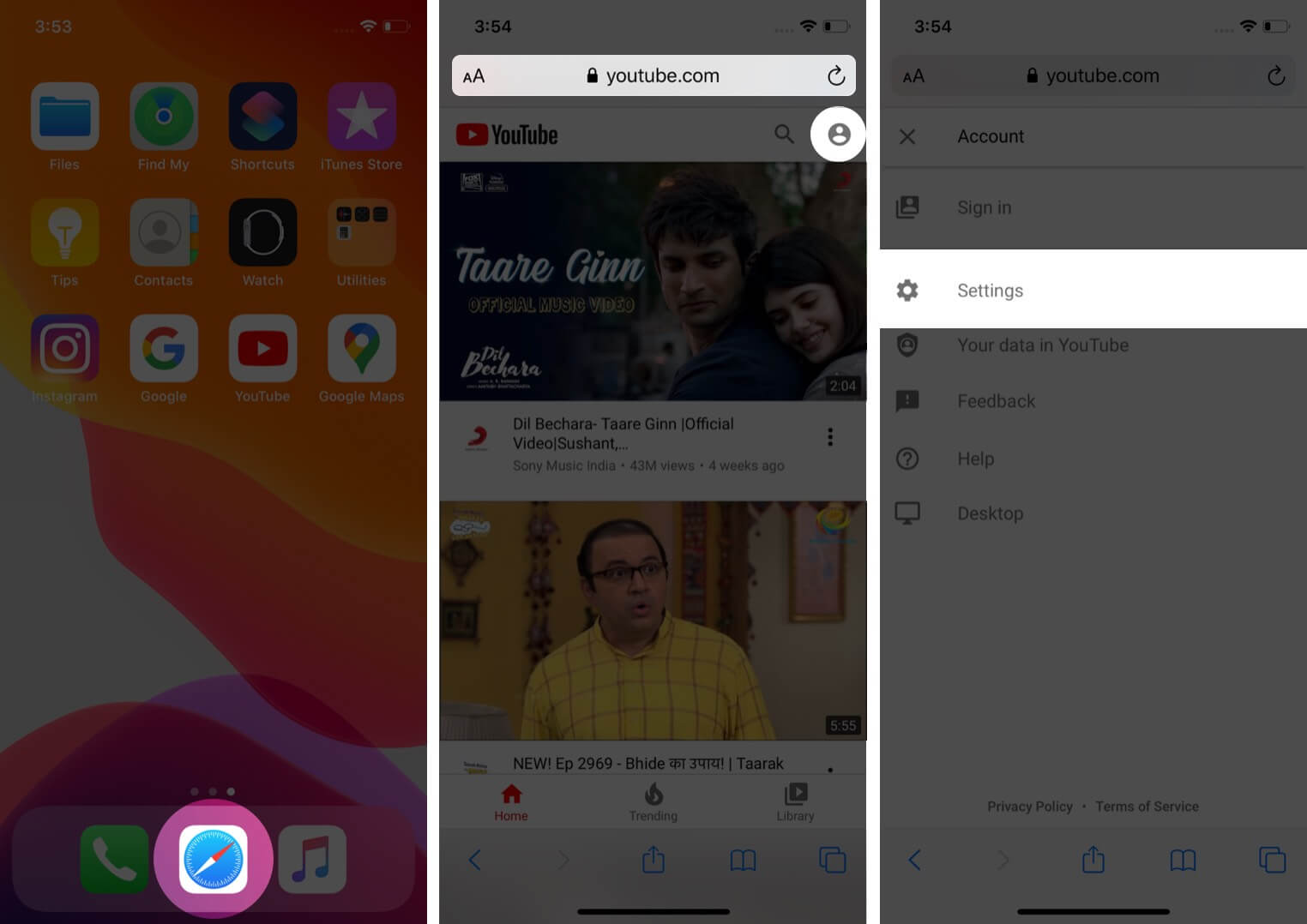 open youtube in safari tap on profile and then tap on settings on iphone