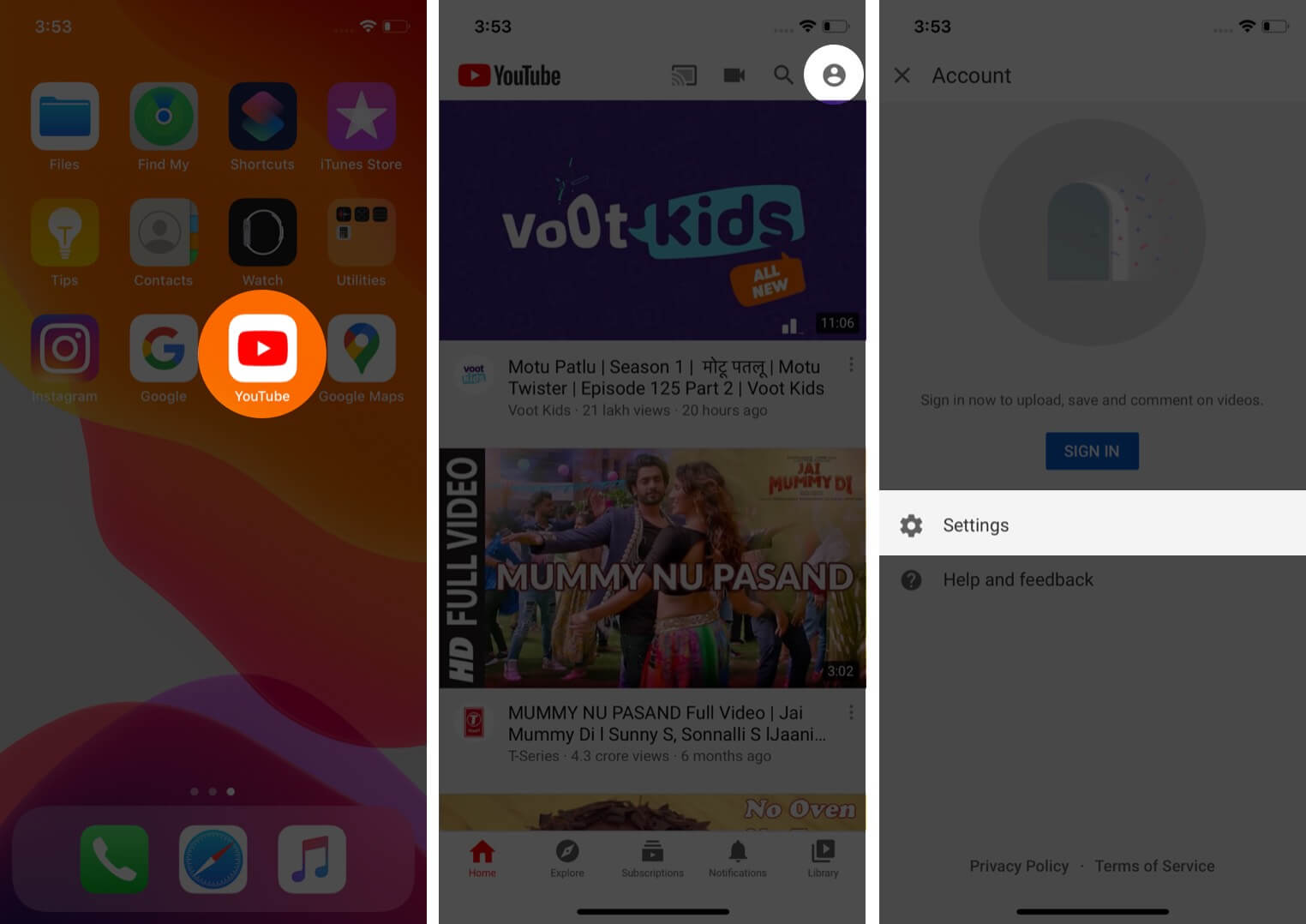 open youtube tap on profile and then tap on settings on iphone