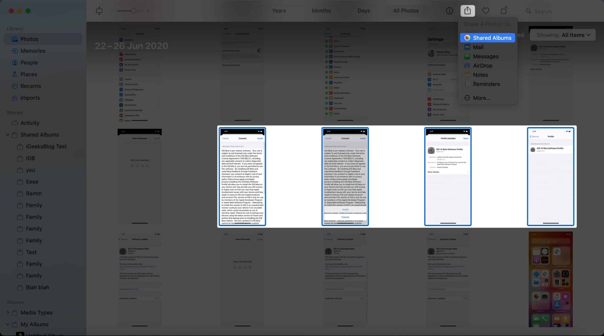 select photos click on share and select shared albums on mac
