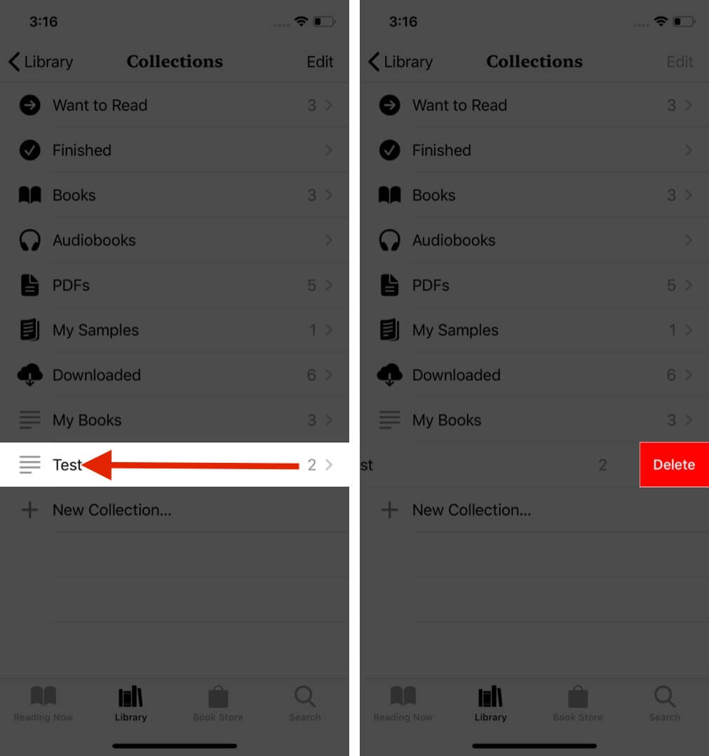 проведите по коллекции влево и нажмите «Удалить», чтобы удалить коллекцию из приложения «Книги»