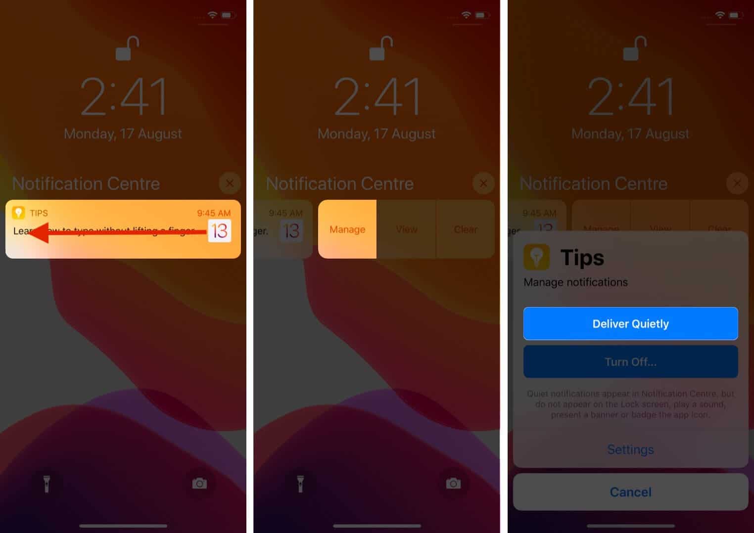 swipe notification tap on manage and then tap on deliver quietly on iphone