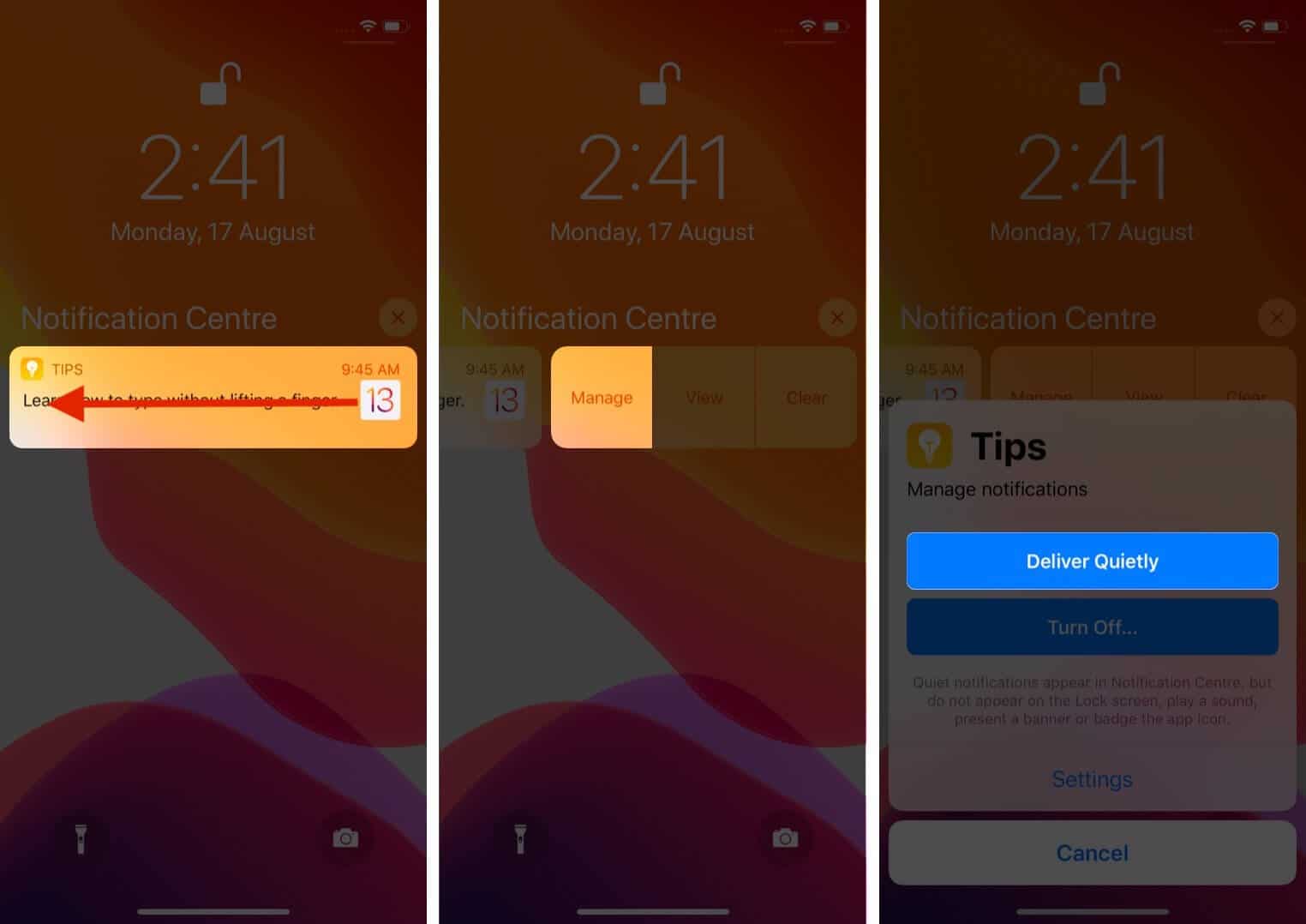 First 18 Things to Do When You Get a New iPhone swipe notification tap on manage and then tap on deliver quietly on iphone