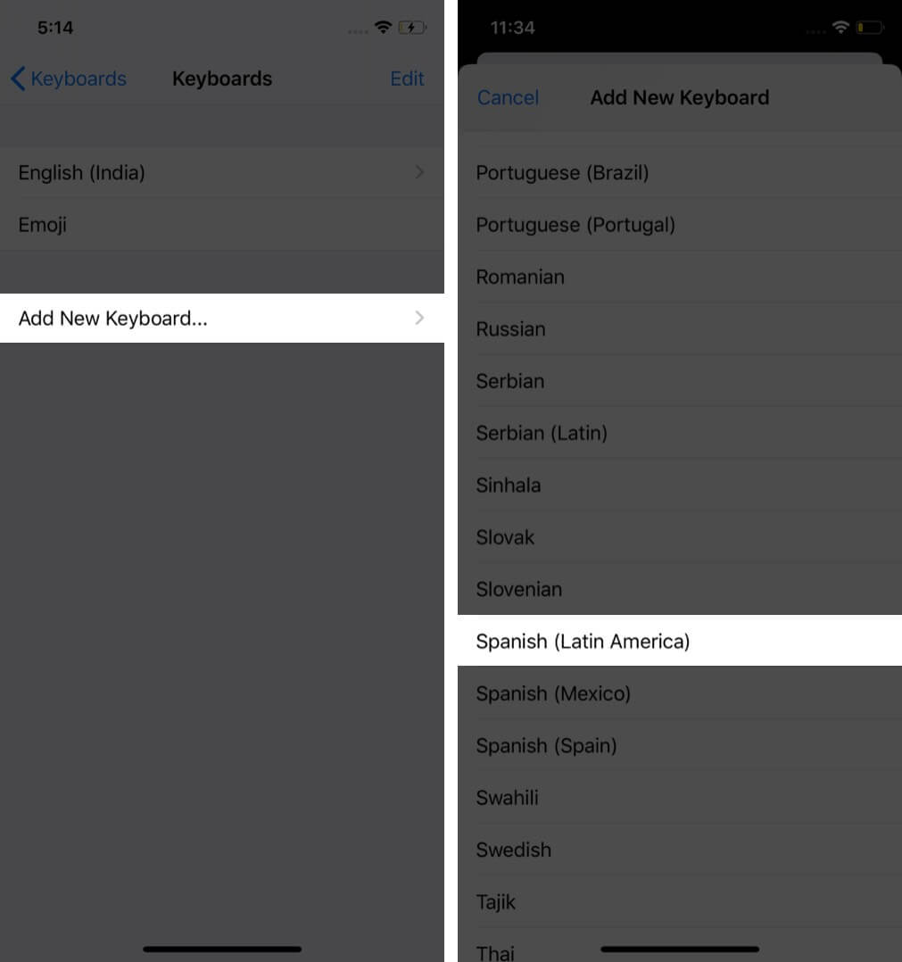tap on add keyboard and select language on iphone