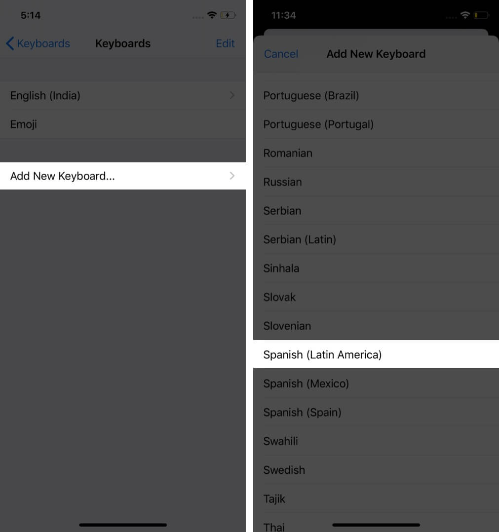 Tap on add keyboard and select language on iphone