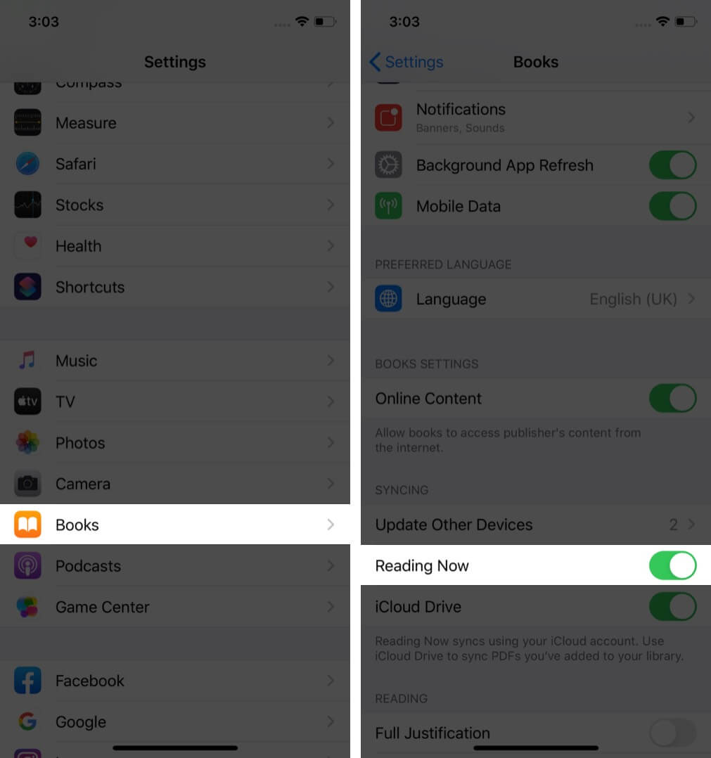 нажмите на книги и включите чтение, чтобы синхронизировать книги с icloud на iphone