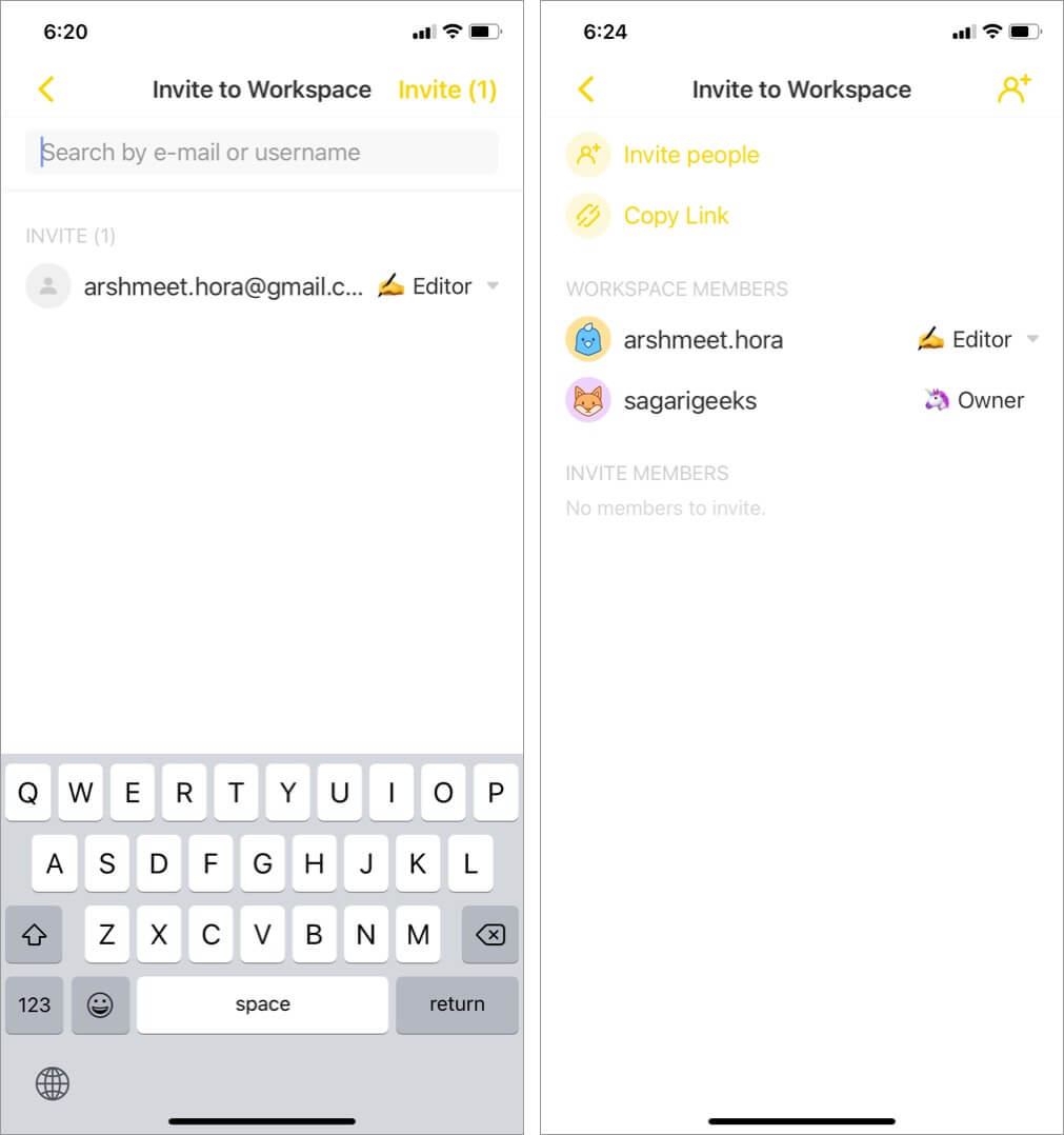 Tap on invite to add people to workspace in taskade app on iphone