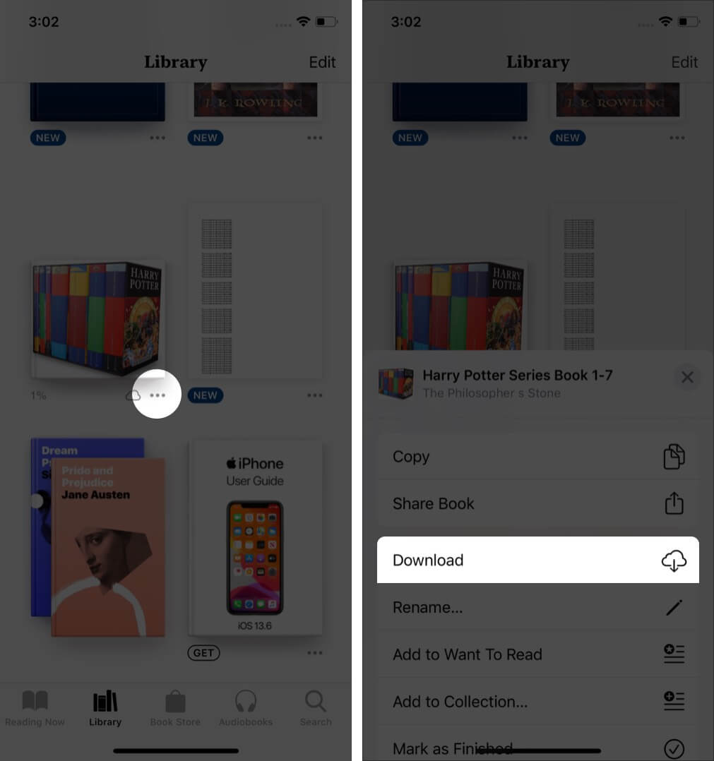 tap on three dots below book and tap on download to re-download book on iphone