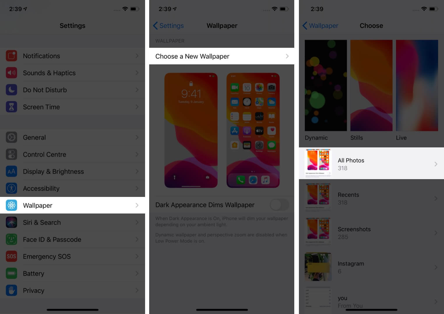tap on wallpaper and tap on choose a new wallpaper then tap on all photos in iphone settings