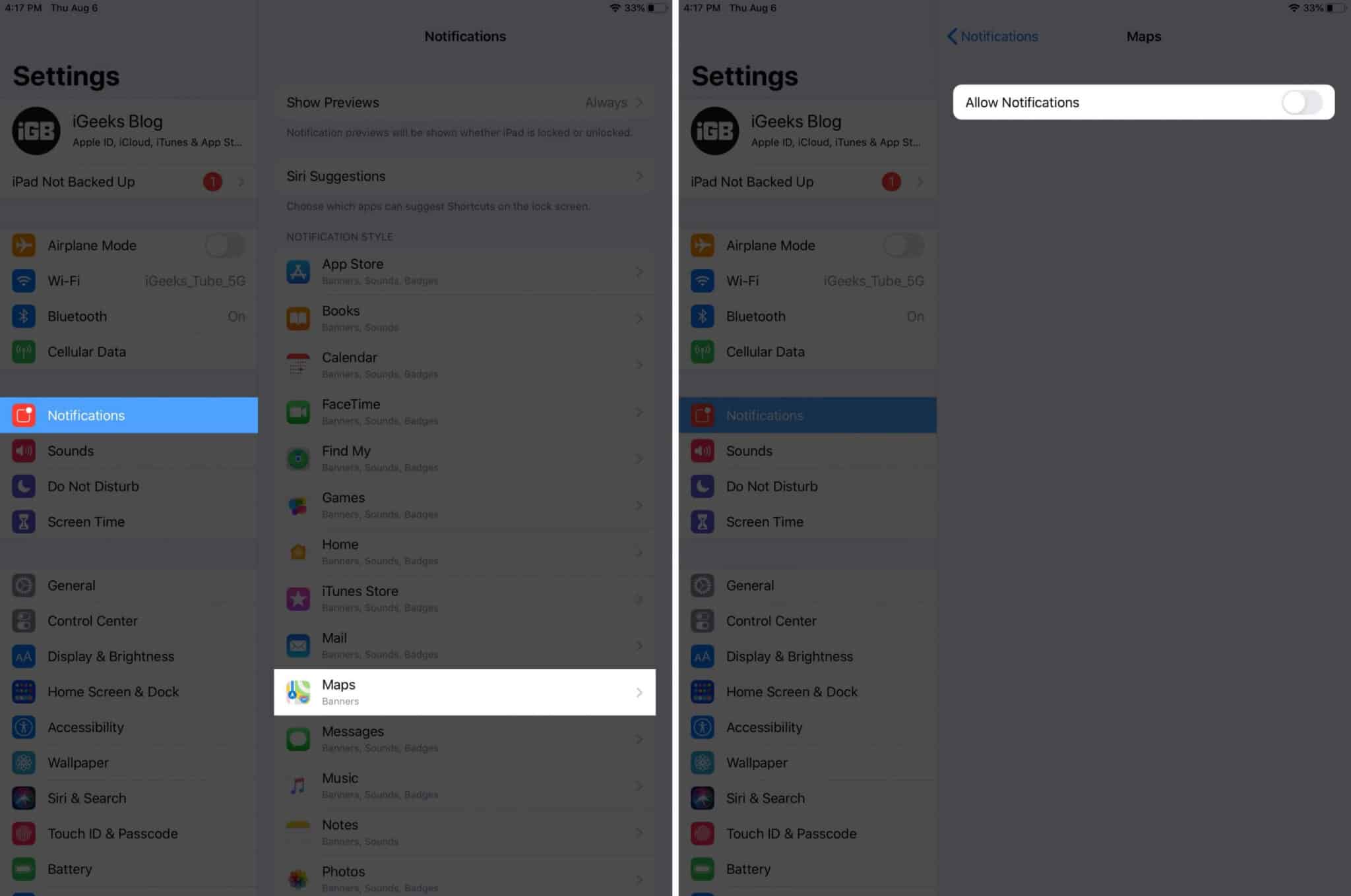 turn off notifications for unnecessary apps on ipad