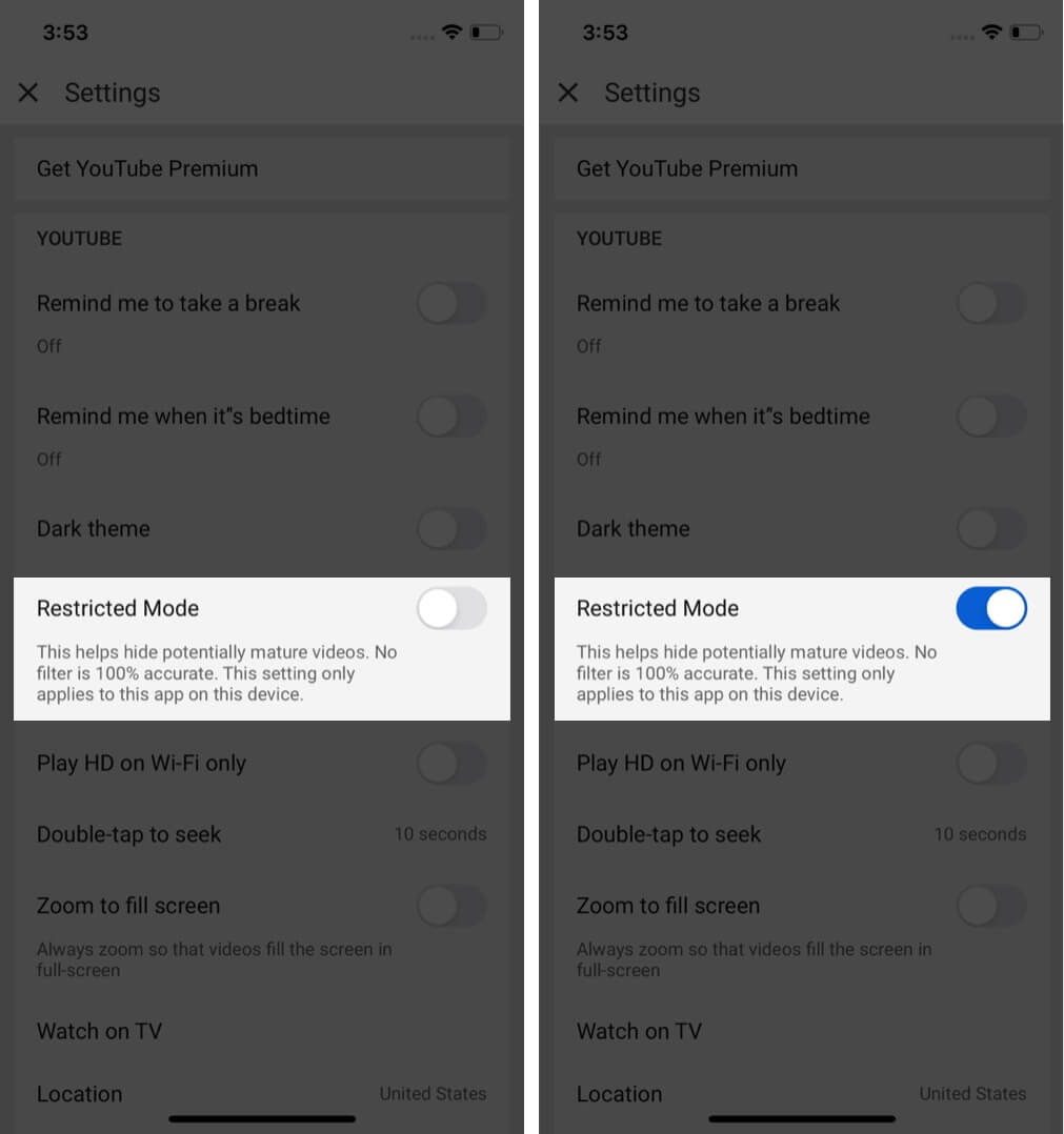 turn on restricted mode in youtube app on iphone