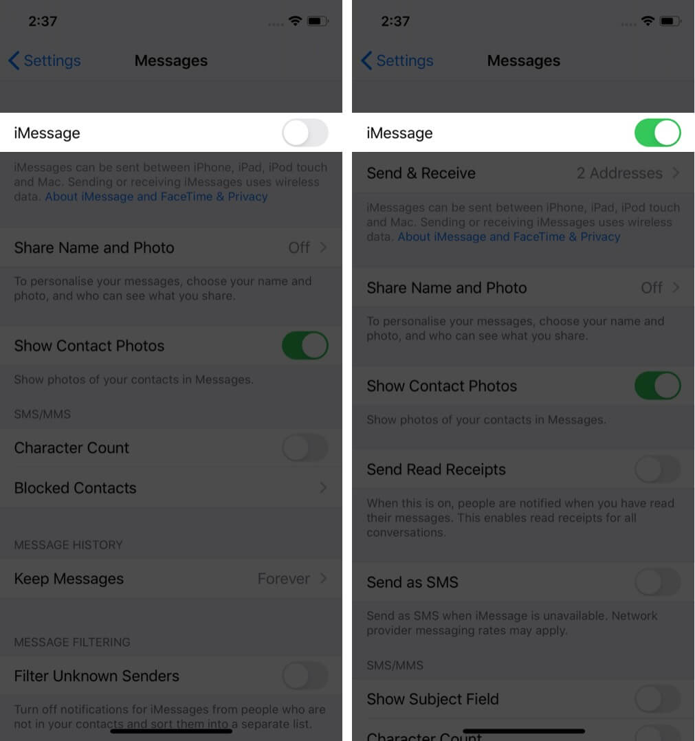 turn on toggle to activate imessage on iphone
