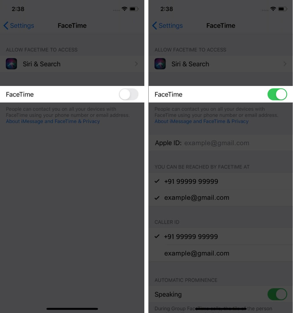 turn on toggle to enable facetime on iphone