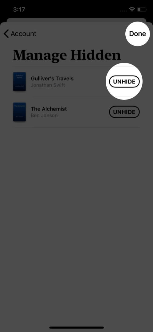 unhide books from books app on iphone