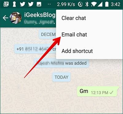 Tap on Email Chat in Android Phone in WhatsApp