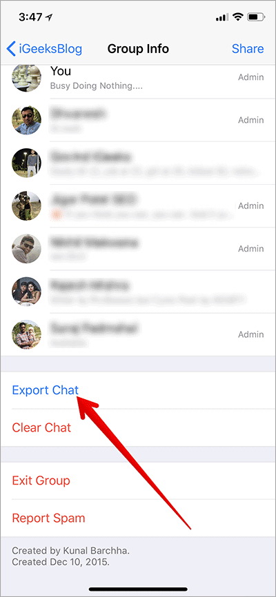 Tap on Export Chat in WhatsApp on iPhone