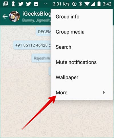 Tap on More in WhatsApp Chat on Andorid Phone