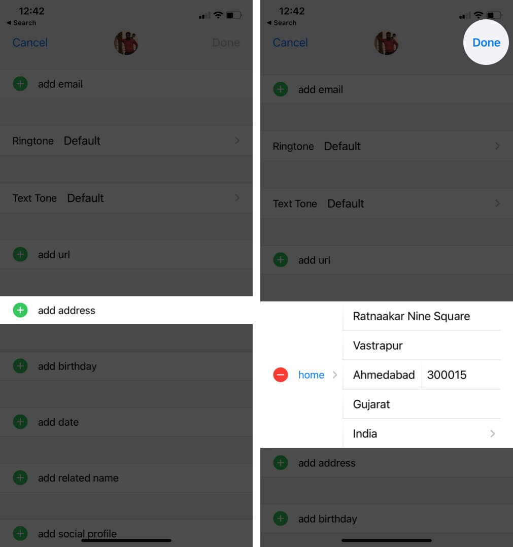 add home address in contact card on iphone