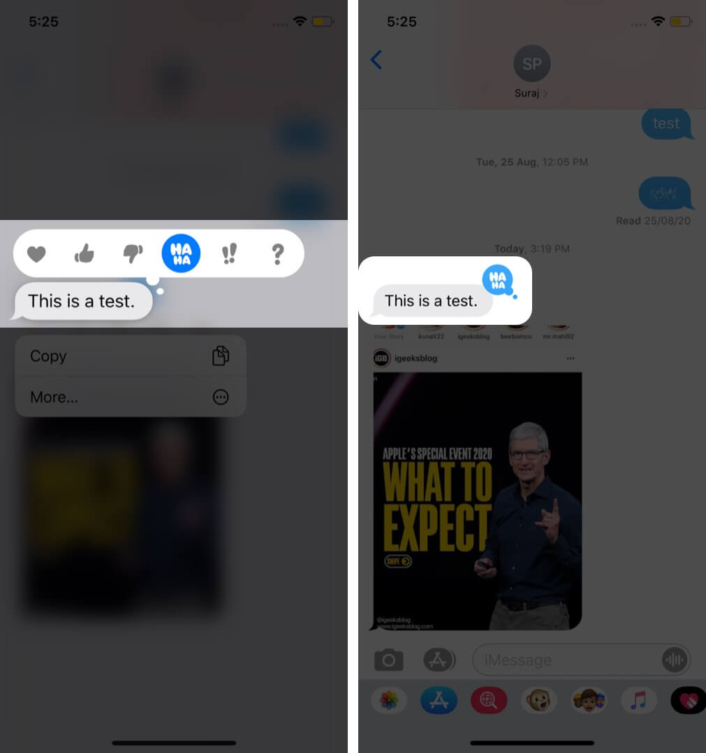 choose different expression to change emoji reaction tapback on imessage