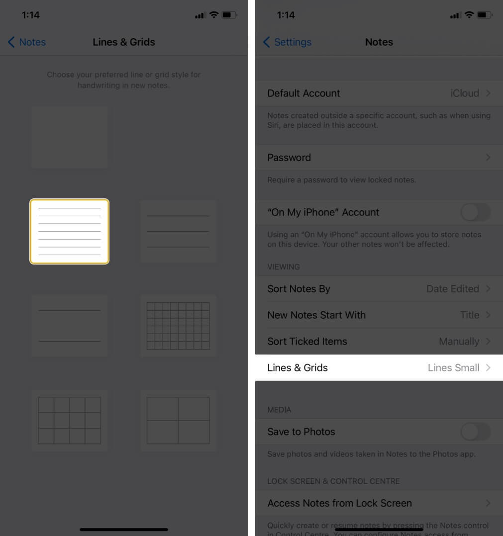 choose option to set default paper style in notes app on iphone